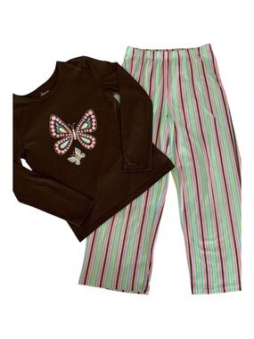 Circo Butterfly Striped Pajamas Set Girls Size L (10-12) Brown Pink Long Sleeve